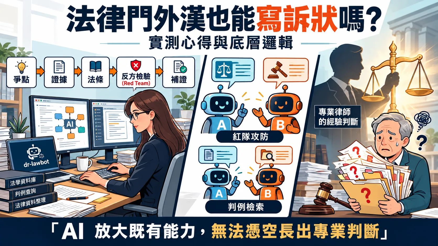 資訊圖：法律門外漢也能寫訴狀嗎？實測心得與底層邏輯。流程為爭點、證據、法條、反方檢驗、補證；AI 紅隊攻防與判例檢索；結論是 AI 放大既有能力，無法憑空長出專業判斷。